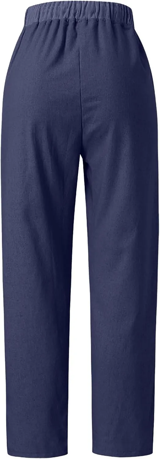 Cotton Linen Pants for Women 2024 Summer Drawstring High Waist Cropped Pants Loose Wide Leg Trousers with Pockets