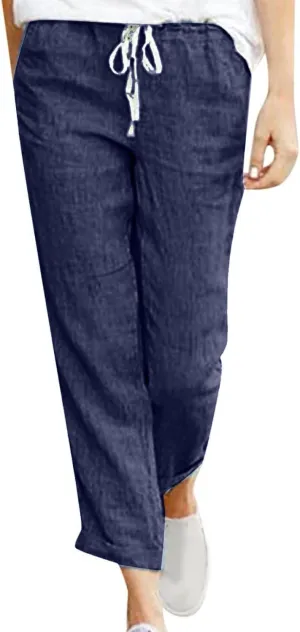 Cotton Linen Pants for Women 2024 Summer Drawstring High Waist Cropped Pants Loose Wide Leg Trousers with Pockets
