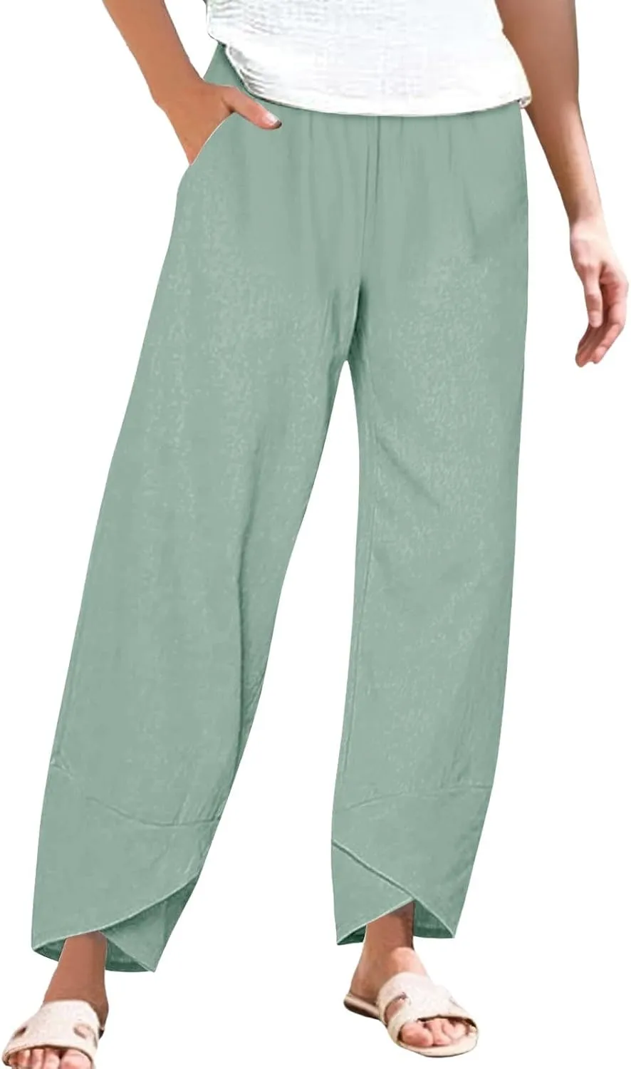 Cotton Linen Pants for Women Summer Casual Capri Pants High Waist Elastic Comfy Loose Palazzo Trousers with Pockets