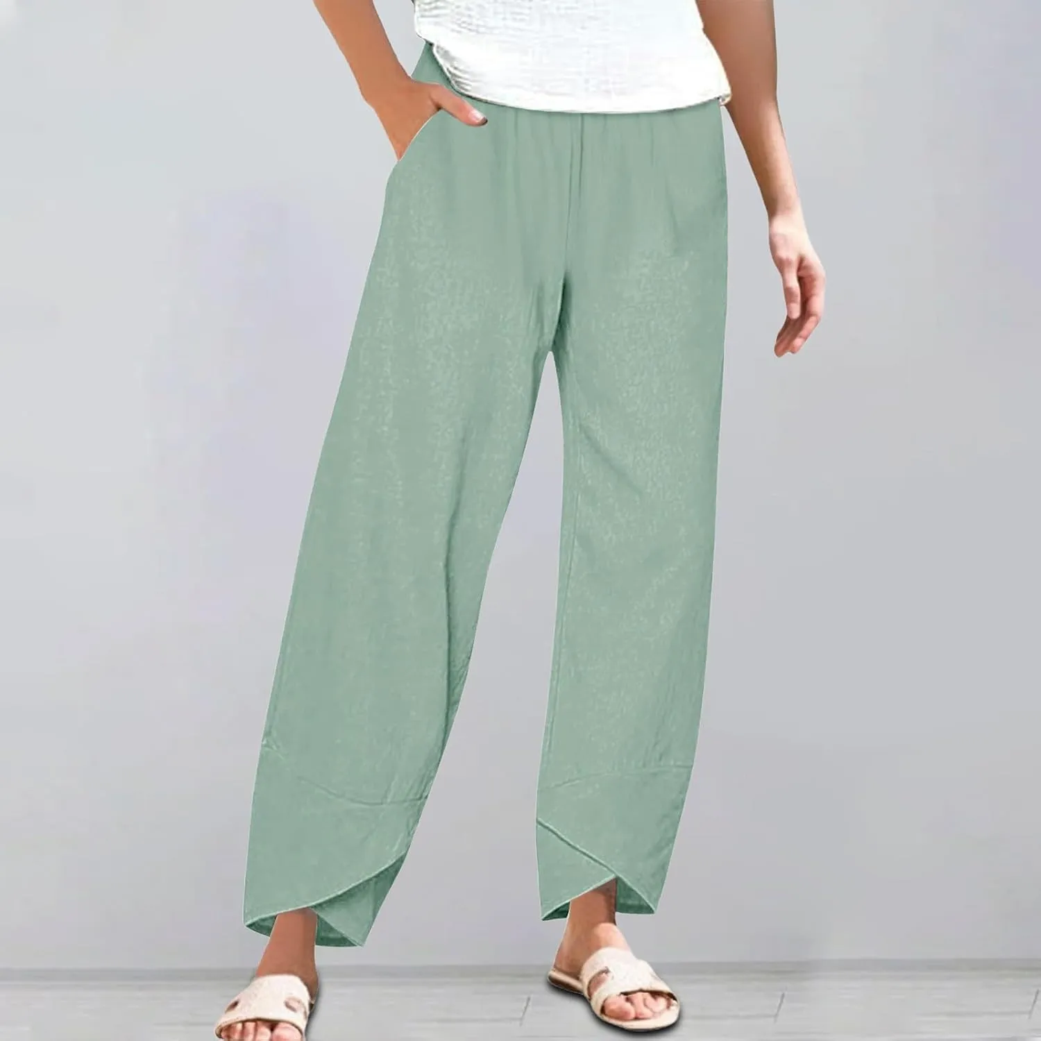 Cotton Linen Pants for Women Summer Casual Capri Pants High Waist Elastic Comfy Loose Palazzo Trousers with Pockets