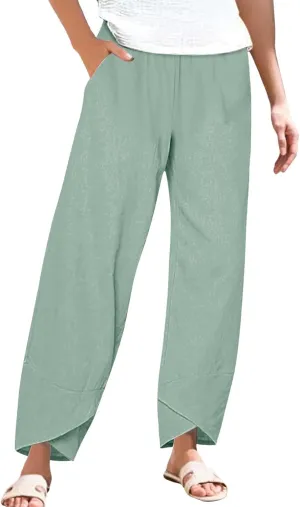Cotton Linen Pants for Women Summer Casual Capri Pants High Waist Elastic Comfy Loose Palazzo Trousers with Pockets