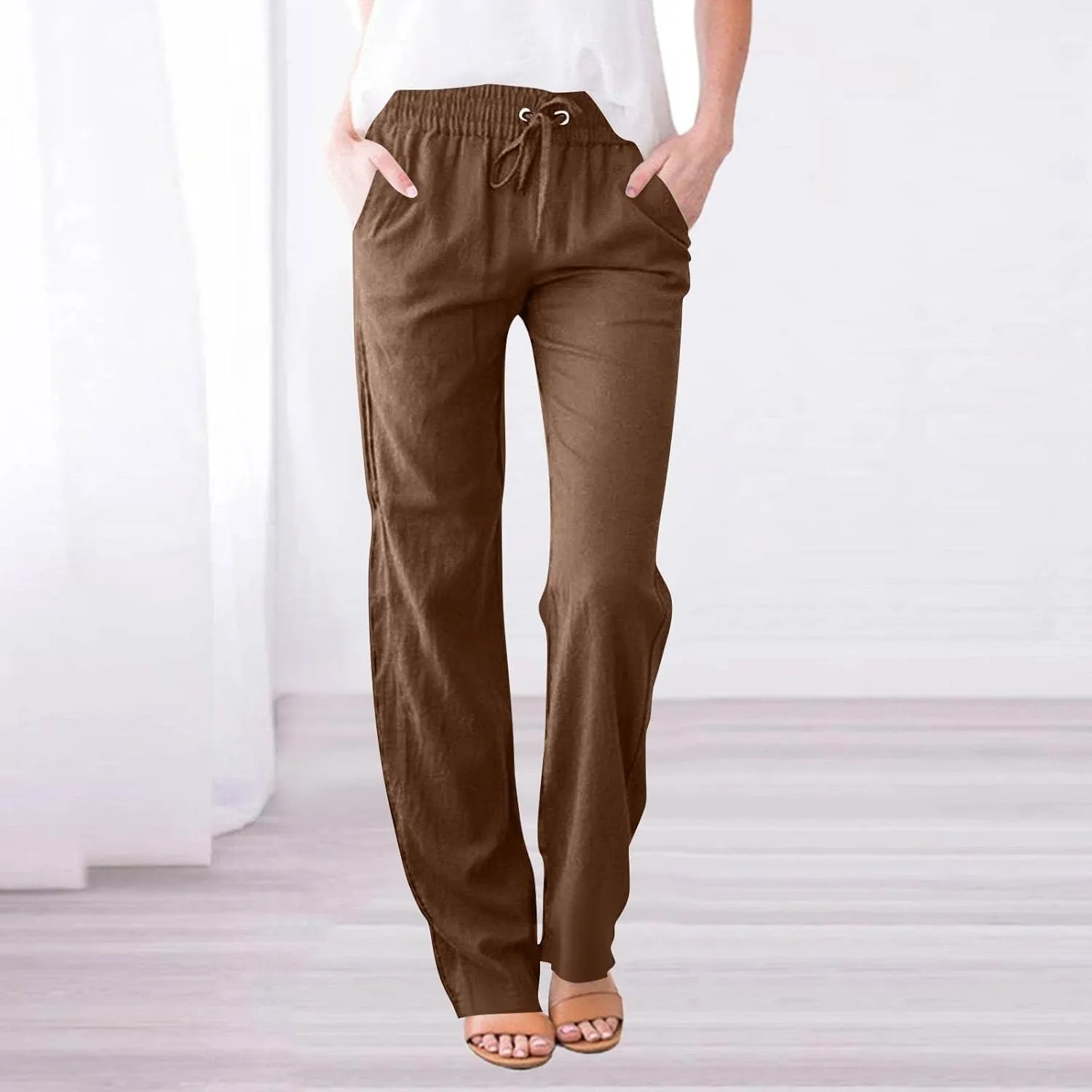 Cotton Linen Pants Women High Waisted Loose Straight Leg Trousers Casual Summer Dress Pants Lounge Trouser with Pocket