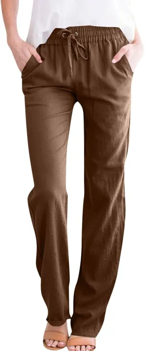 Cotton Linen Pants Women High Waisted Loose Straight Leg Trousers Casual Summer Dress Pants Lounge Trouser with Pocket
