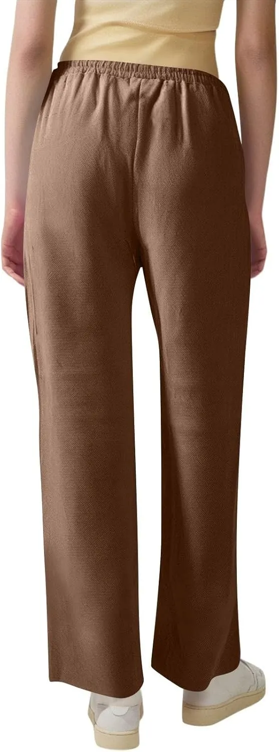 Cotton Linen Pants Women High Waisted Loose Straight Leg Trousers Casual Summer Dress Pants Lounge Trouser with Pocket