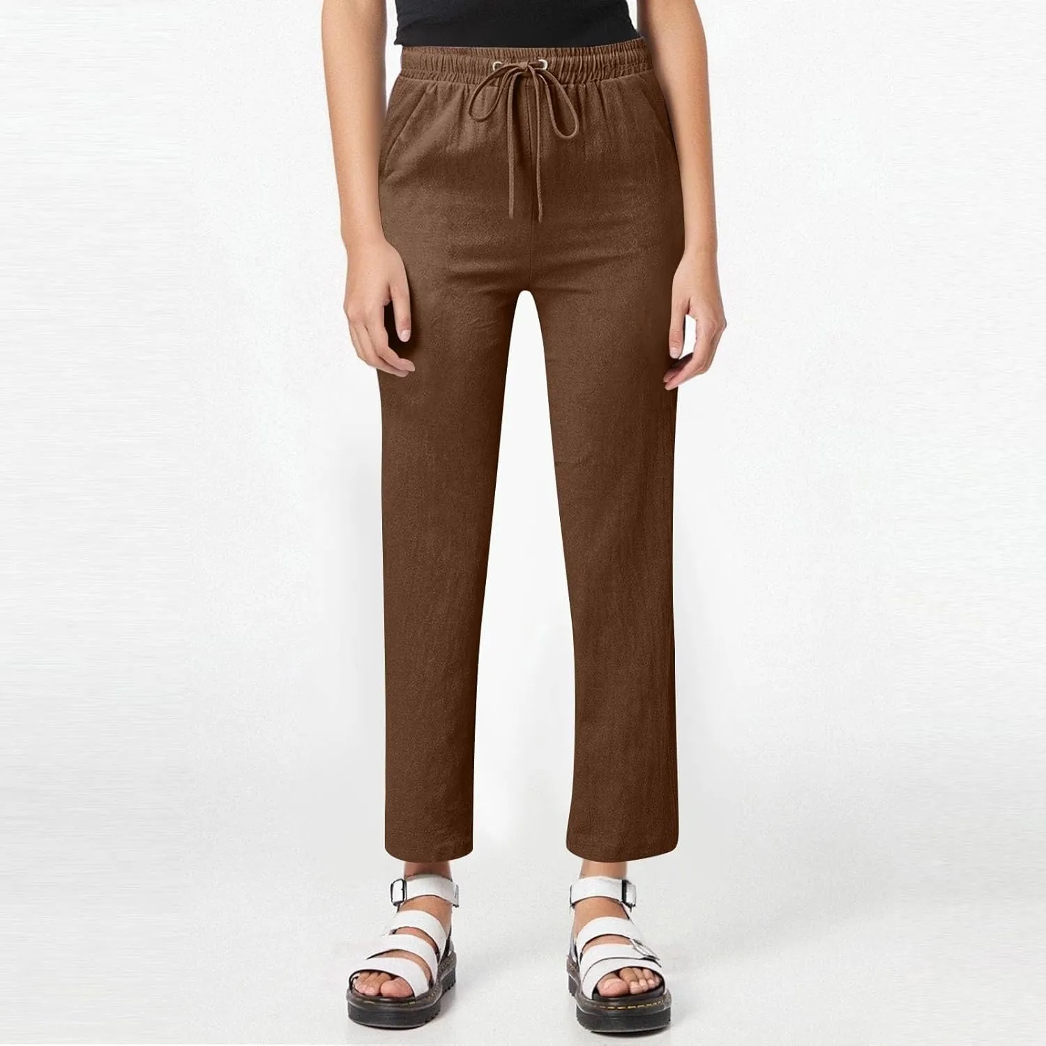 Cotton Linen Pants Women High Waisted Loose Straight Leg Trousers Casual Summer Dress Pants Lounge Trouser with Pocket