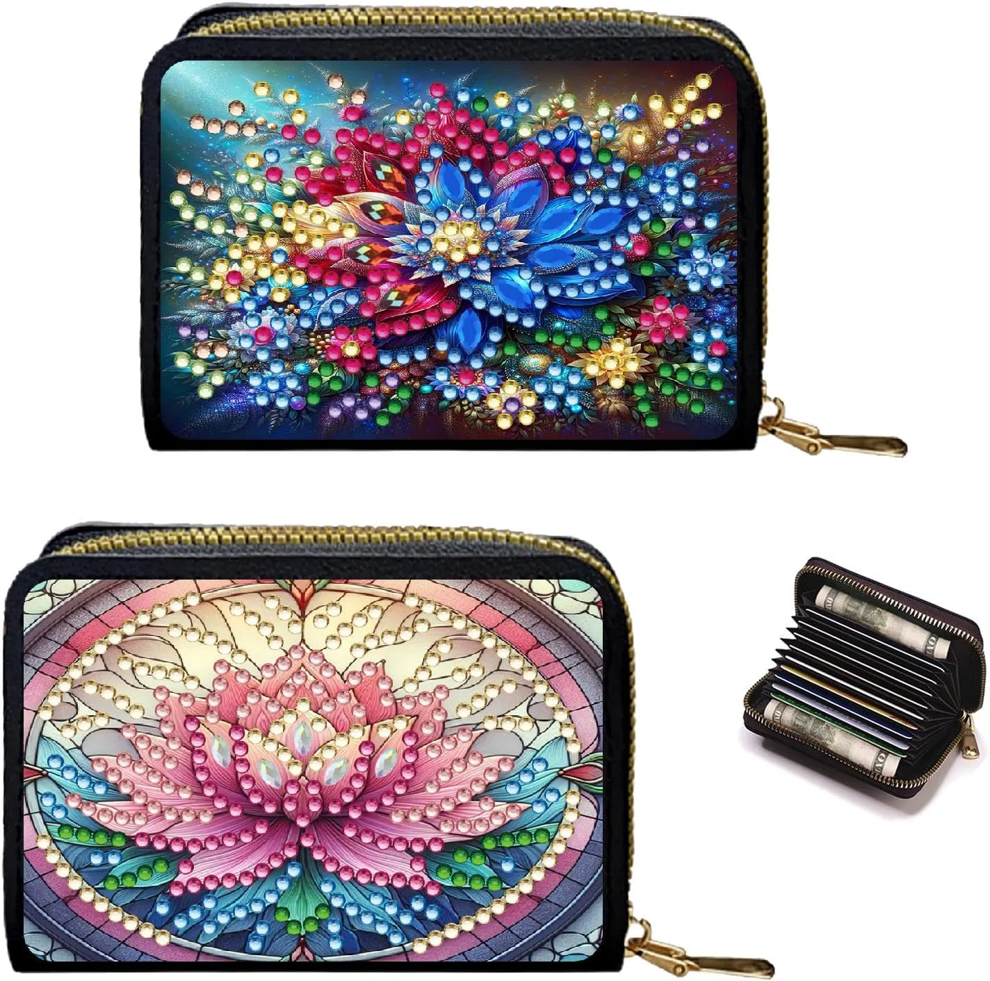 Credit Card Coin Holder, DIY Diamond Art Painting Leather Zipper Card Case Wallet for Women-2PCS-2