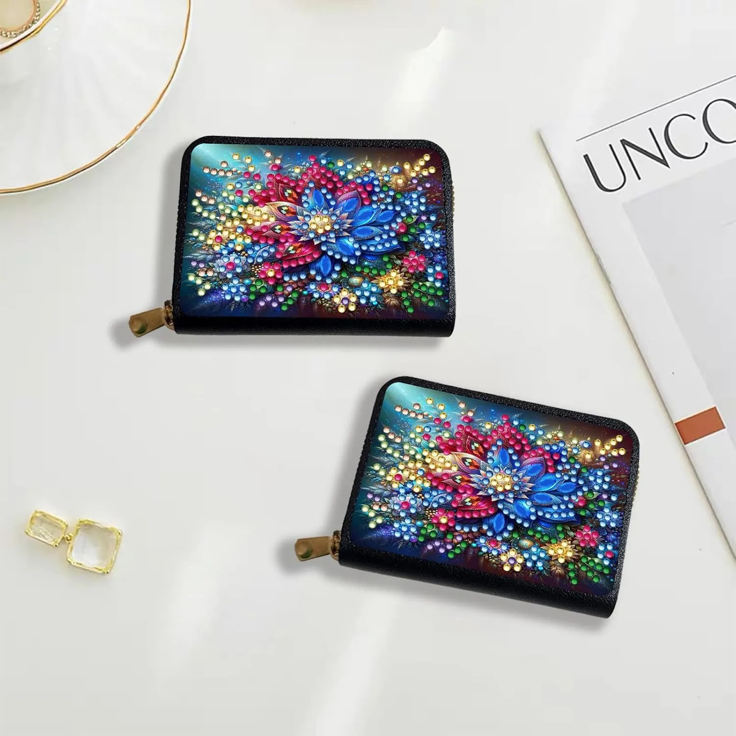 Credit Card Coin Holder, DIY Diamond Art Painting Leather Zipper Card Case Wallet for Women-2PCS-2