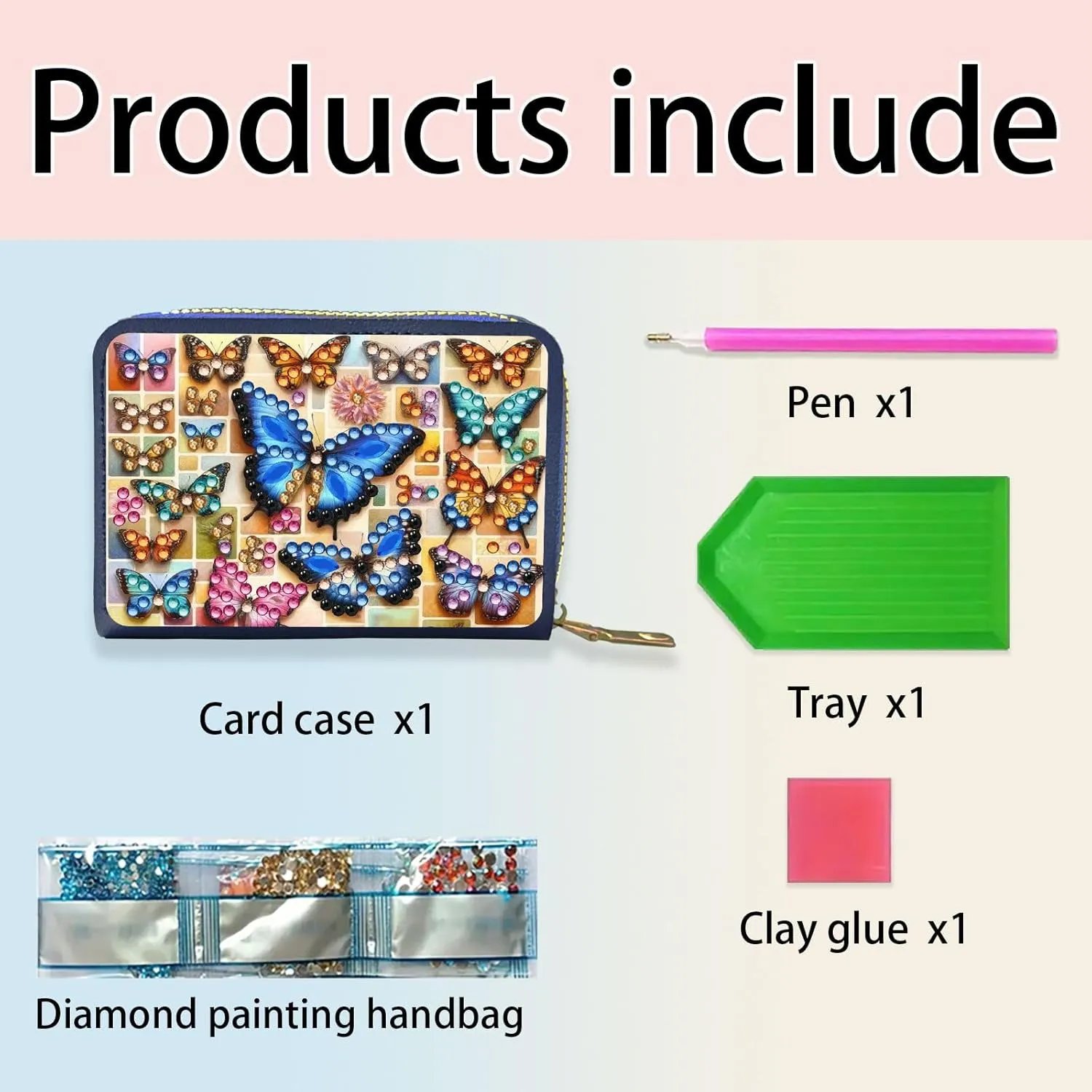Credit Card Coin Holder, DIY Diamond Art Painting Leather Zipper Card Case Wallet for Women-2PCS-Butterfly