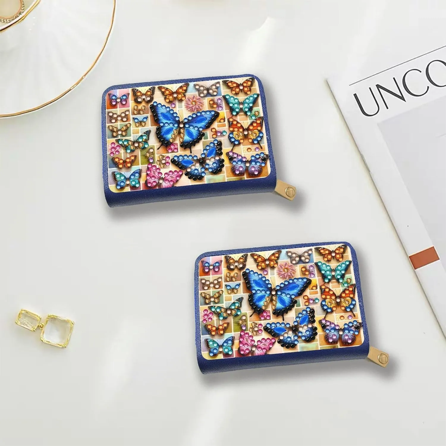 Credit Card Coin Holder, DIY Diamond Art Painting Leather Zipper Card Case Wallet for Women-2PCS-Butterfly