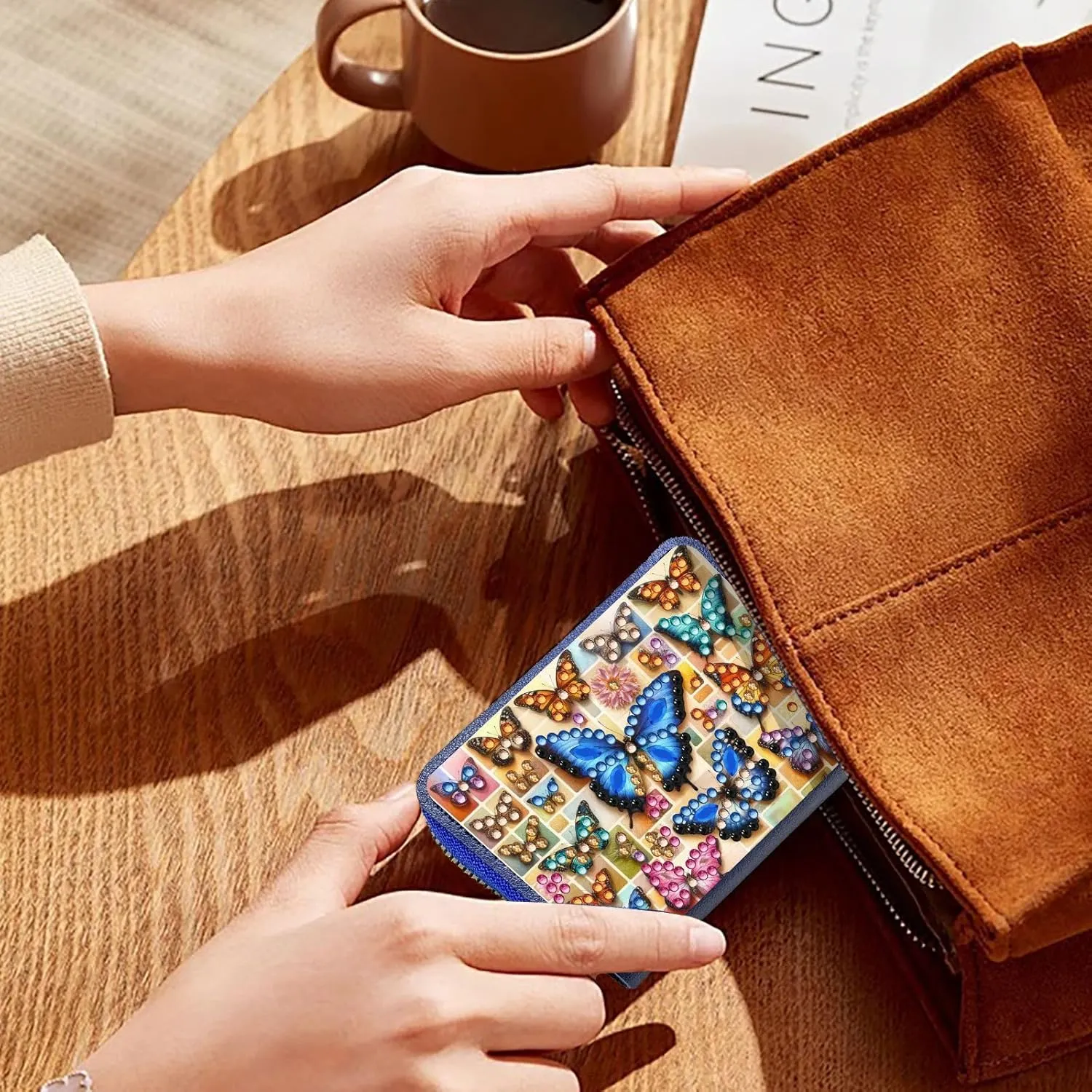 Credit Card Coin Holder, DIY Diamond Art Painting Leather Zipper Card Case Wallet for Women-2PCS-Butterfly
