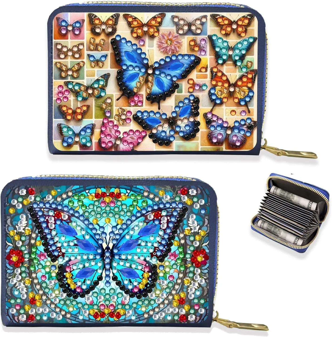 Credit Card Coin Holder, DIY Diamond Art Painting Leather Zipper Card Case Wallet for Women-2PCS-Butterfly