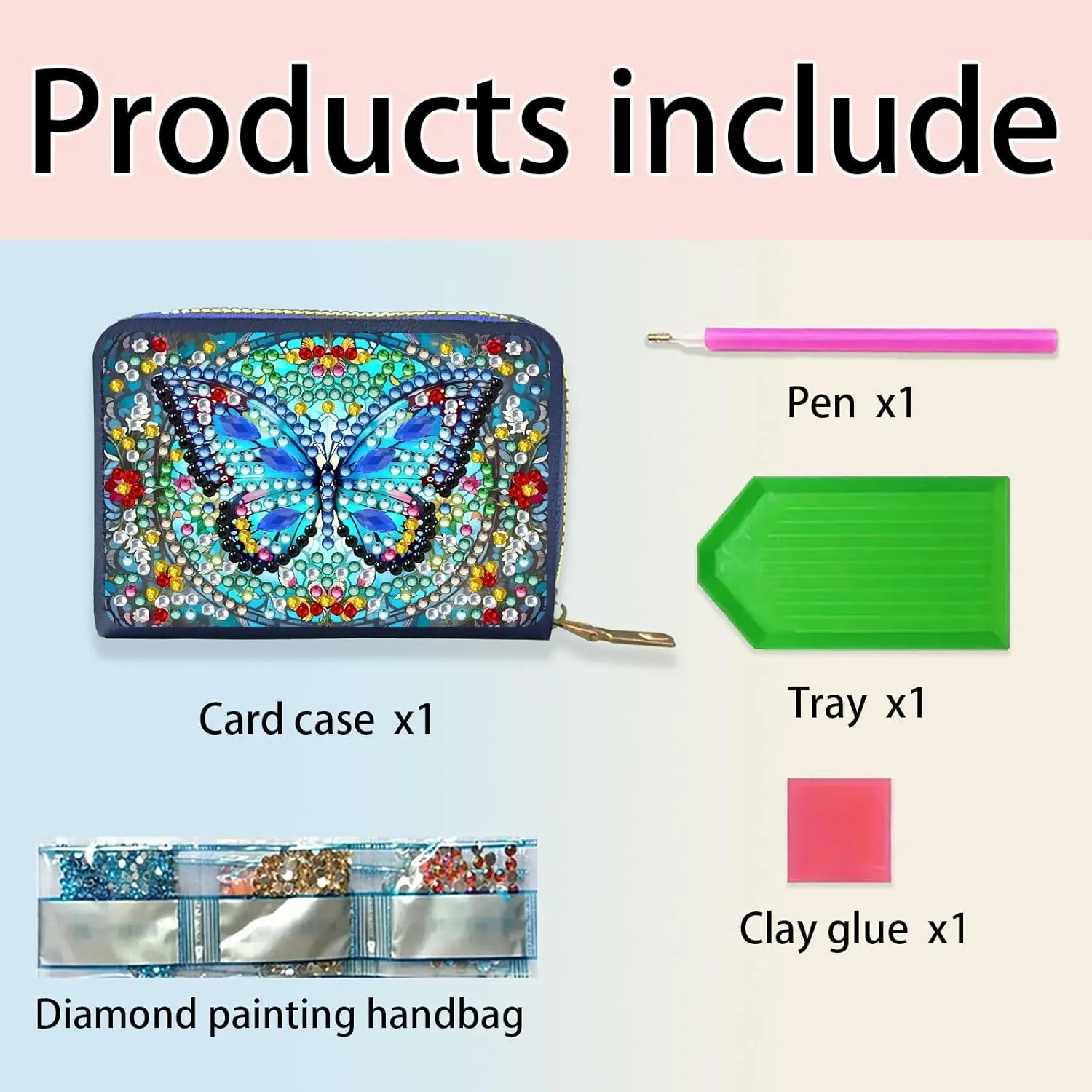 Credit Card Coin Holder, DIY Diamond Art Painting Leather Zipper Card Case Wallet for Women-2PCS-Butterfly