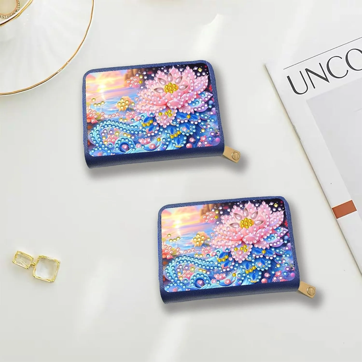 Credit Card Coin Holder, DIY Diamond Art Painting Leather Zipper Card Case Wallet for Women-2PCS-Flowers