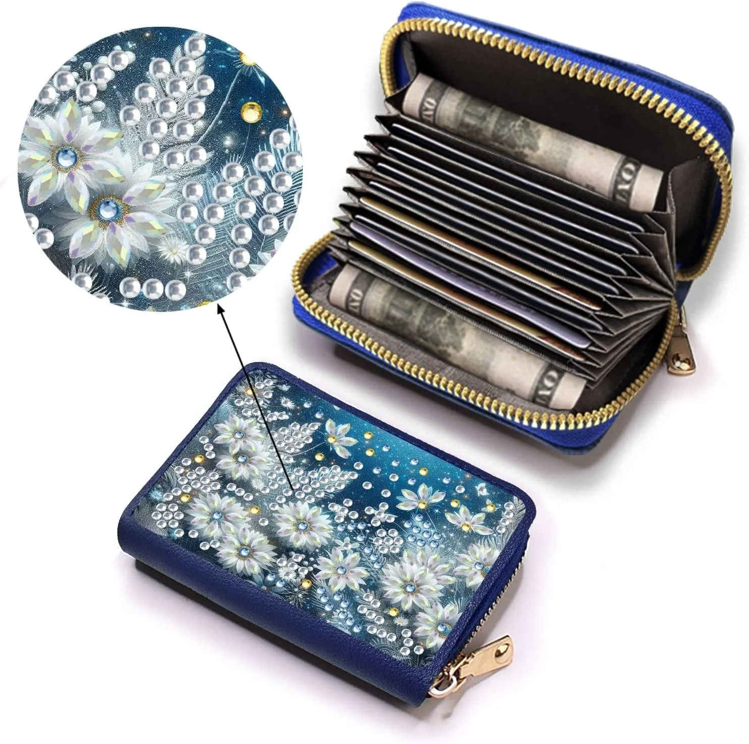 Credit Card Coin Holder, DIY Diamond Art Painting Leather Zipper Card Case Wallet for Women-2PCS-Flowers