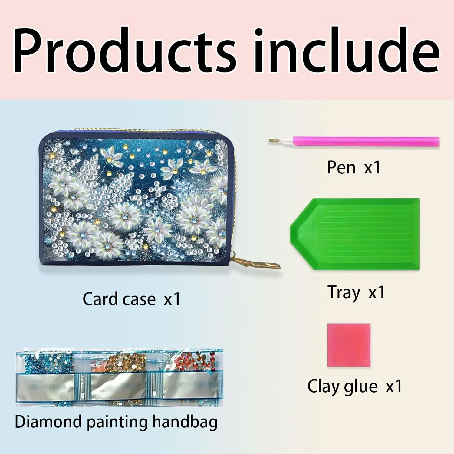 Credit Card Coin Holder, DIY Diamond Art Painting Leather Zipper Card Case Wallet for Women-2PCS-Flowers