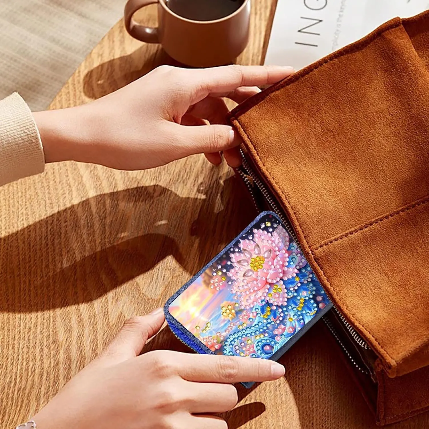 Credit Card Coin Holder, DIY Diamond Art Painting Leather Zipper Card Case Wallet for Women-2PCS-Flowers