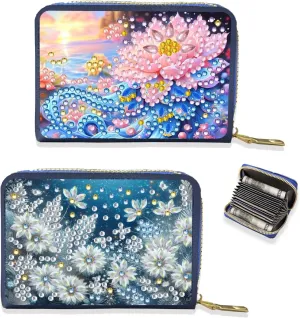 Credit Card Coin Holder, DIY Diamond Art Painting Leather Zipper Card Case Wallet for Women-2PCS-Flowers