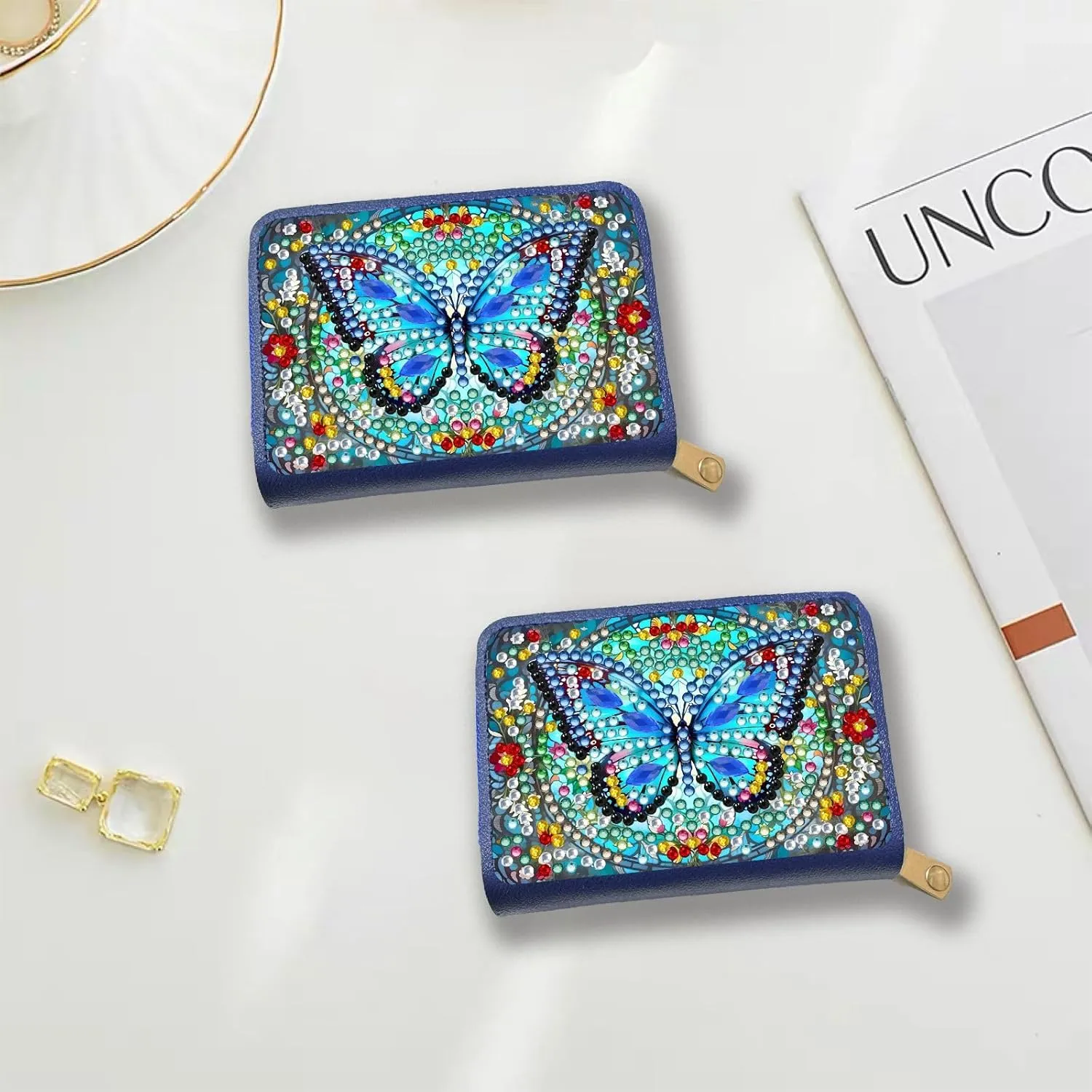 Credit Card Coin Holder, DIY Diamond Art Painting Leather Zipper Card Case Wallet for Women-Blue Butterfly