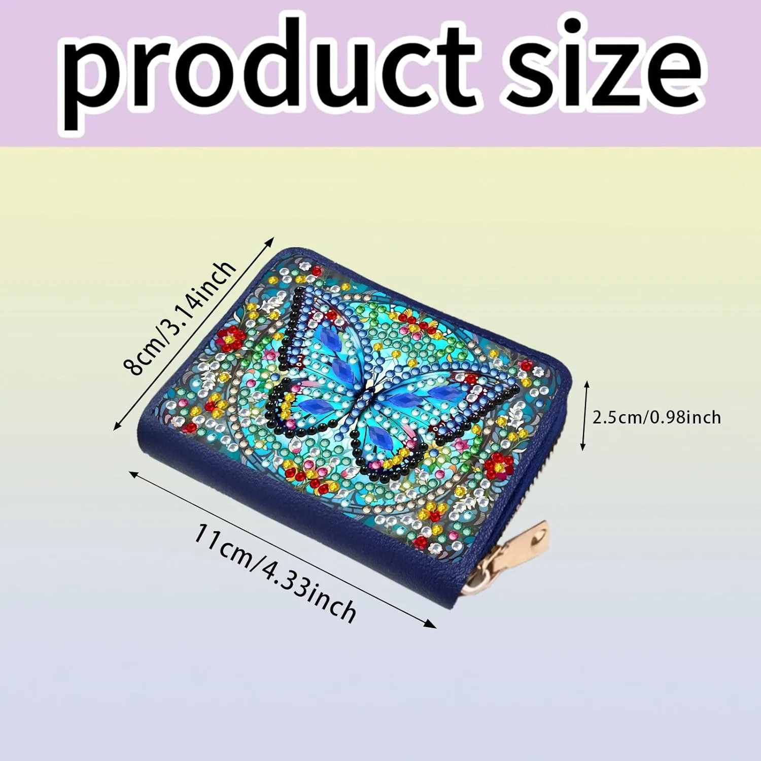 Credit Card Coin Holder, DIY Diamond Art Painting Leather Zipper Card Case Wallet for Women-Blue Butterfly
