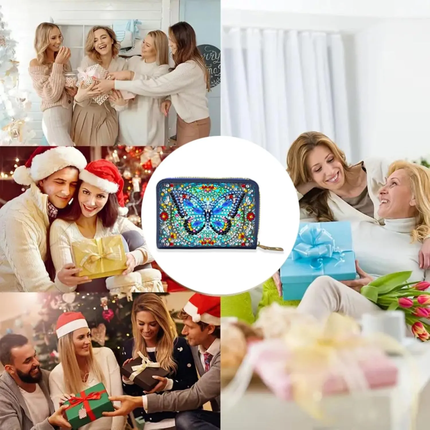 Credit Card Coin Holder, DIY Diamond Art Painting Leather Zipper Card Case Wallet for Women-Blue Butterfly