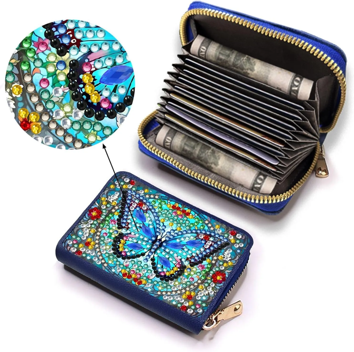 Credit Card Coin Holder, DIY Diamond Art Painting Leather Zipper Card Case Wallet for Women-Blue Butterfly