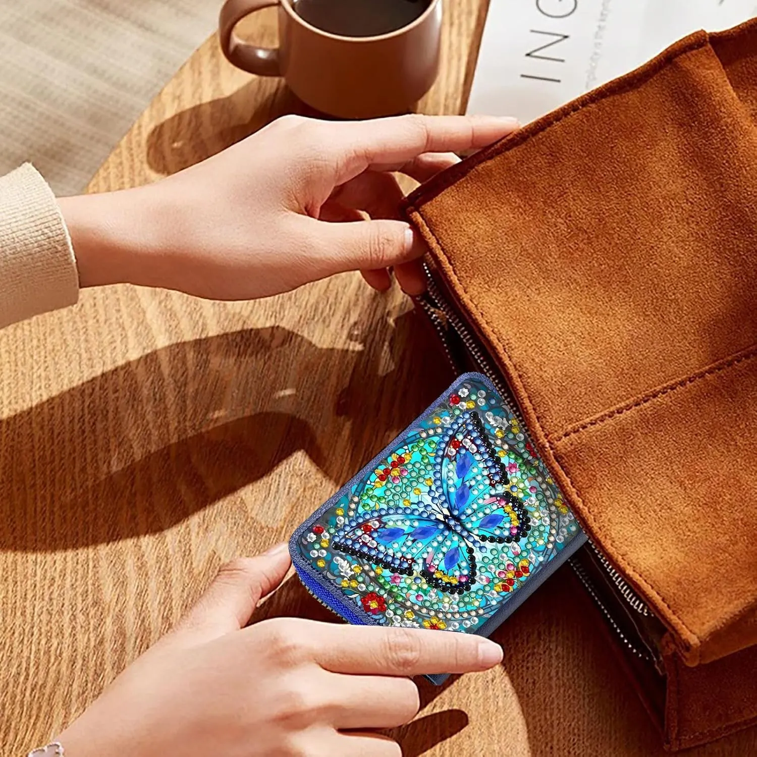 Credit Card Coin Holder, DIY Diamond Art Painting Leather Zipper Card Case Wallet for Women-Blue Butterfly