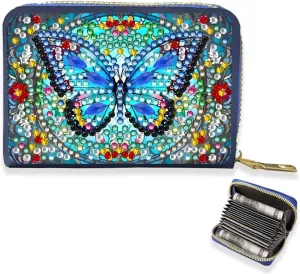 Credit Card Coin Holder, DIY Diamond Art Painting Leather Zipper Card Case Wallet for Women-Blue Butterfly