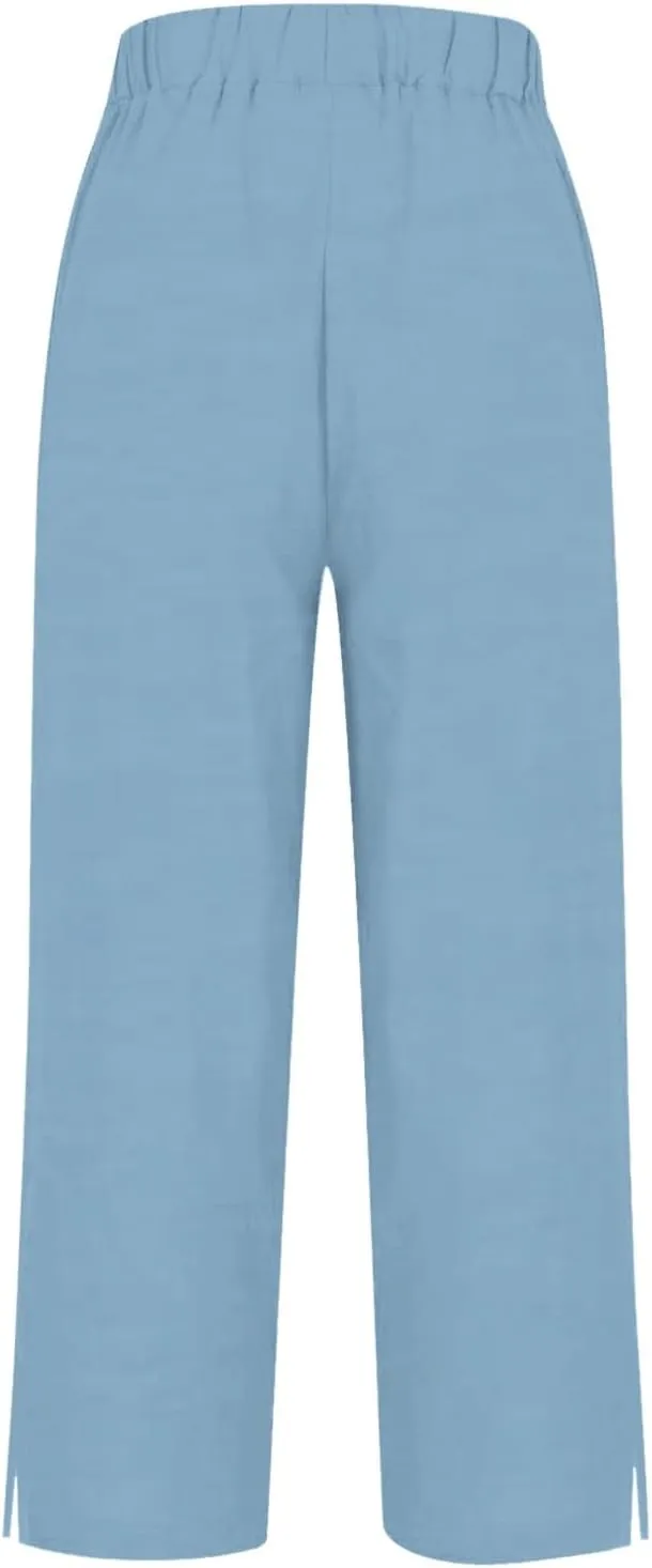 Cropped Linen Pants Women Summer Elastic Waist Straight Leg Plus Size Crop Pants Casual Beach Trousers with Pockets