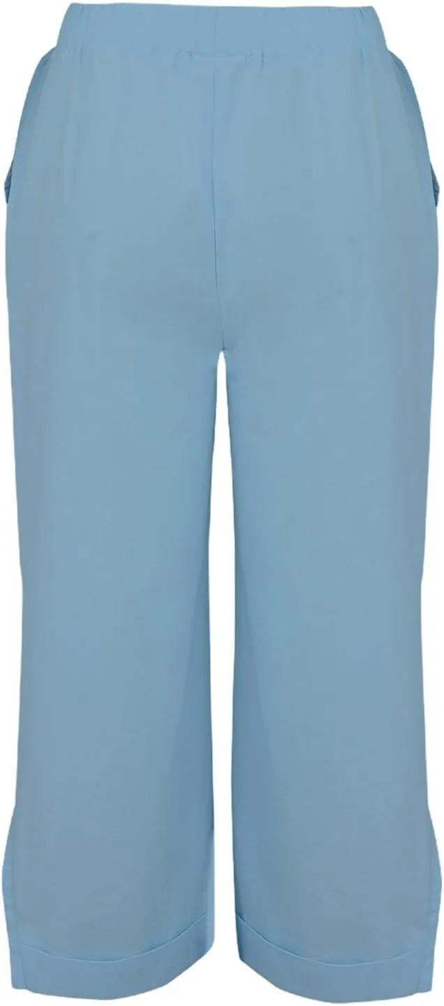 Cropped Linen Pants Women Summer Elastic Waist Straight Leg Plus Size Crop Pants Casual Beach Trousers with Pockets
