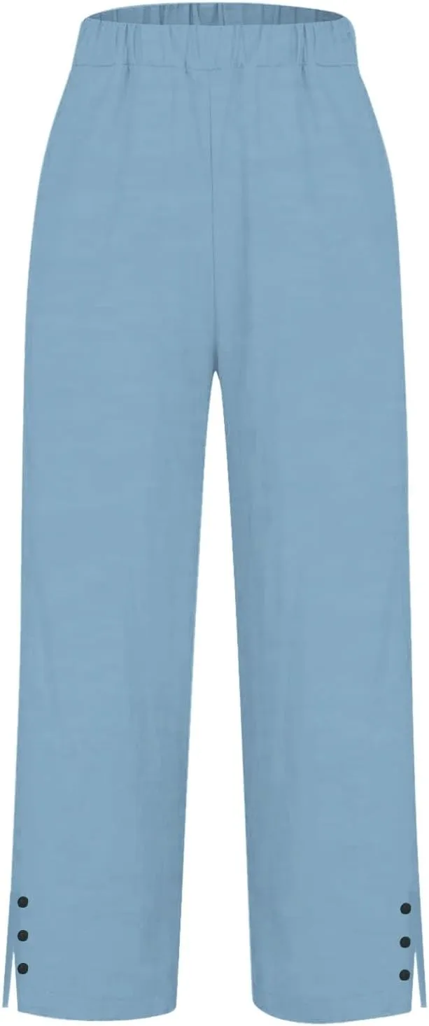 Cropped Linen Pants Women Summer Elastic Waist Straight Leg Plus Size Crop Pants Casual Beach Trousers with Pockets