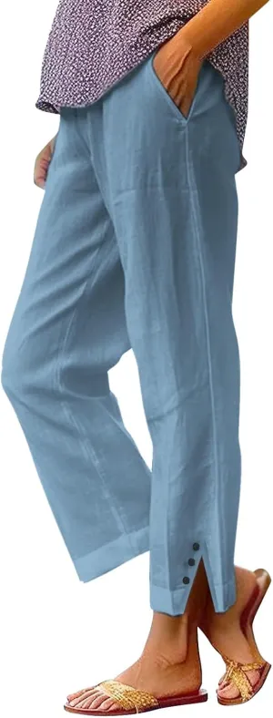Cropped Linen Pants Women Summer Elastic Waist Straight Leg Plus Size Crop Pants Casual Beach Trousers with Pockets