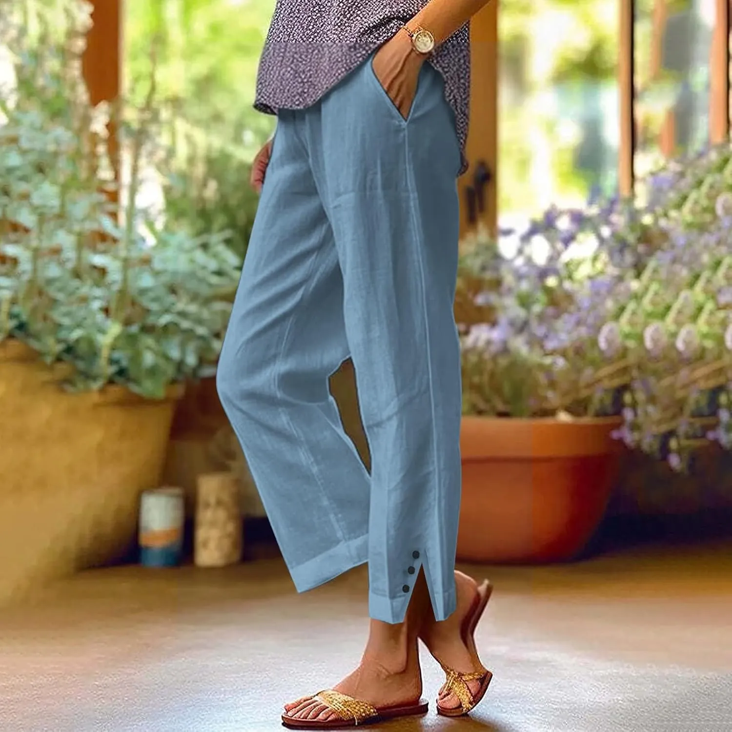 Cropped Linen Pants Women Summer Elastic Waist Straight Leg Plus Size Crop Pants Casual Beach Trousers with Pockets