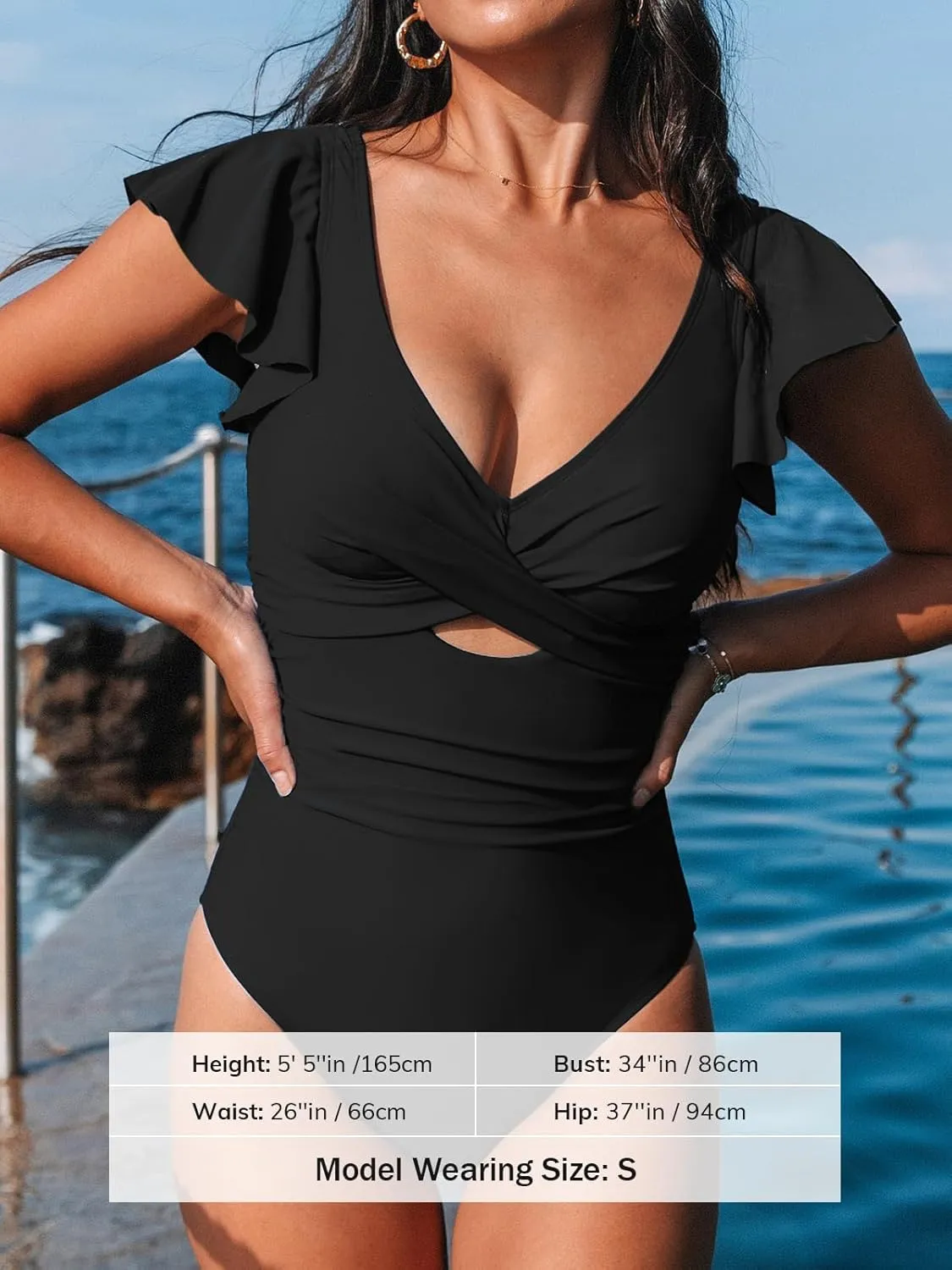 CUPSHE Women's One Piece Swimsuit Tummy Control Bathing Suit V Neck Ruffled Wrap Ruched Cutout Back Hook (Available in Plus)