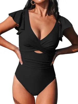 CUPSHE Women's One Piece Swimsuit Tummy Control Bathing Suit V Neck Ruffled Wrap Ruched Cutout Back Hook (Available in Plus)