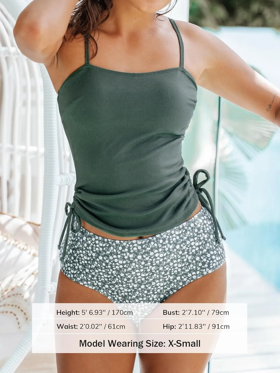 CUPSHE Women's Tankini Set Two Piece Swimsuit Ruched Drawstring Bathing Suits with High Waisted Bottom Rib