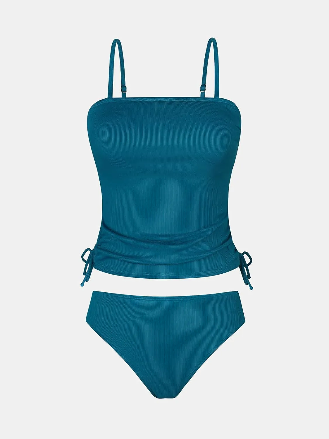 CUPSHE Women's Tankini Set Two Piece Swimsuit Ruched Drawstring Bathing Suits with High Waisted Bottom Rib