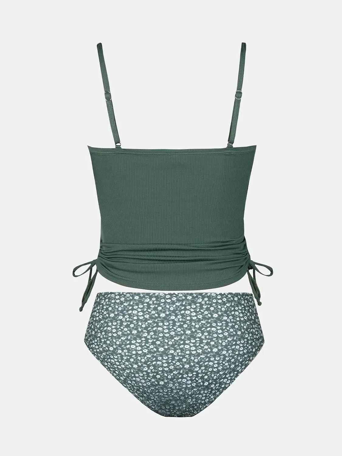 CUPSHE Women's Tankini Set Two Piece Swimsuit Ruched Drawstring Bathing Suits with High Waisted Bottom Rib