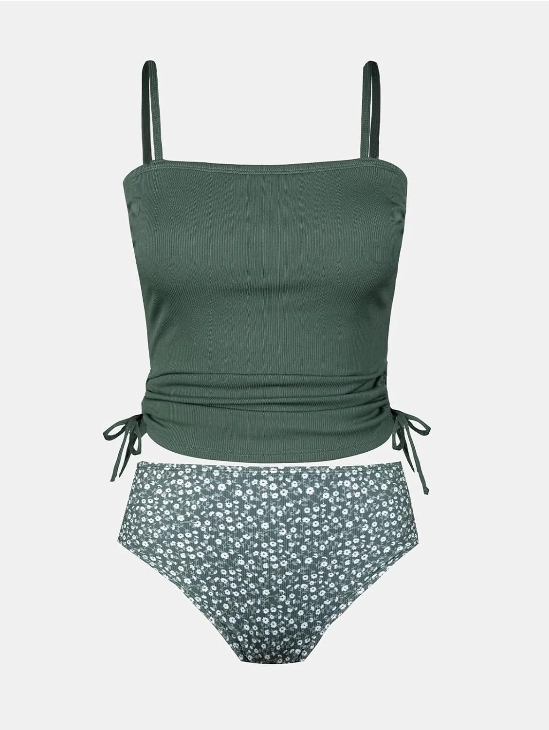 CUPSHE Women's Tankini Set Two Piece Swimsuit Ruched Drawstring Bathing Suits with High Waisted Bottom Rib