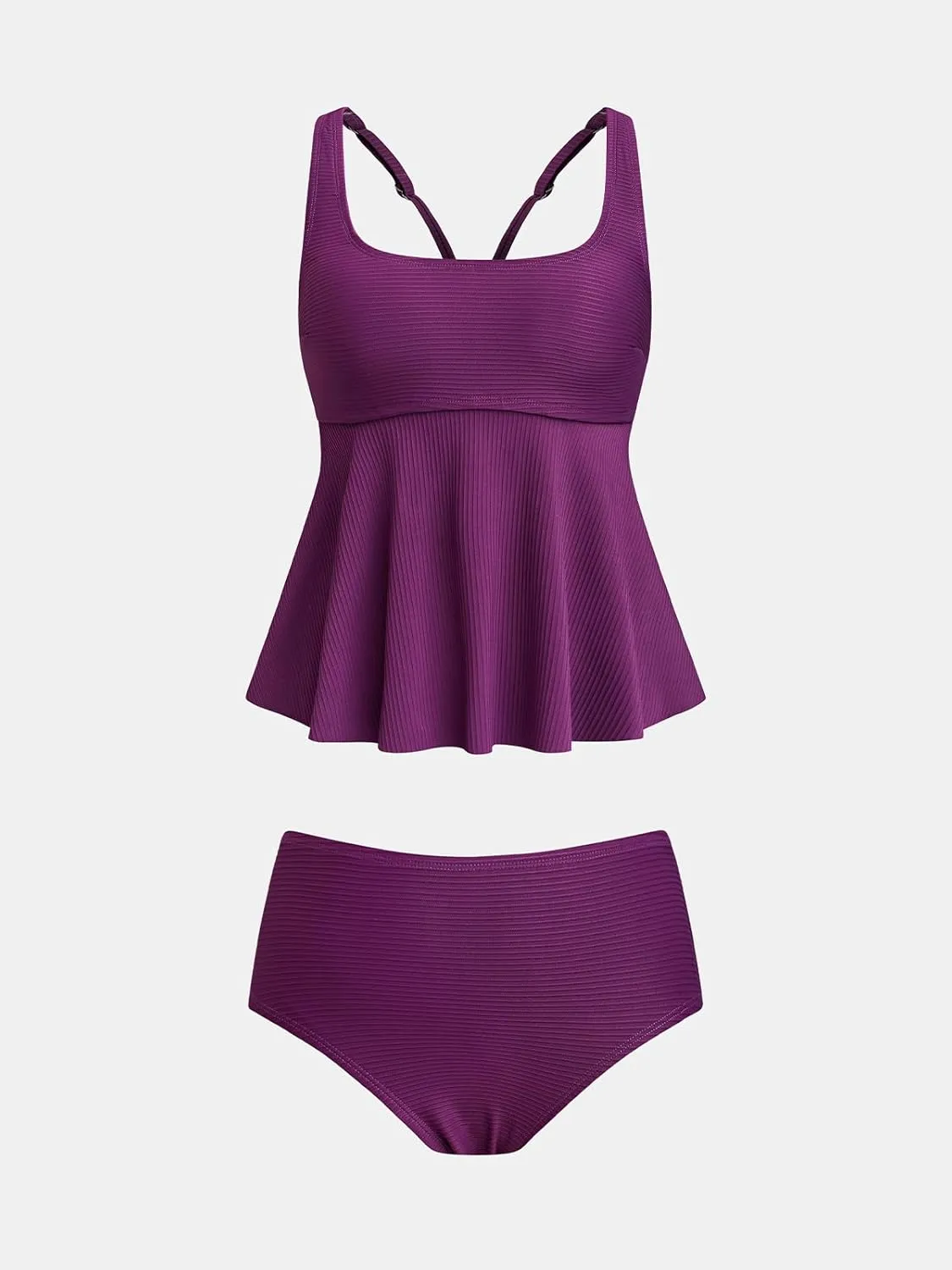 CUPSHE Women's Tankini Sets Two Piece Swimsuit Scoop Neck Mid Rise Wide Adjustable Straps Ruffled Hem Textured