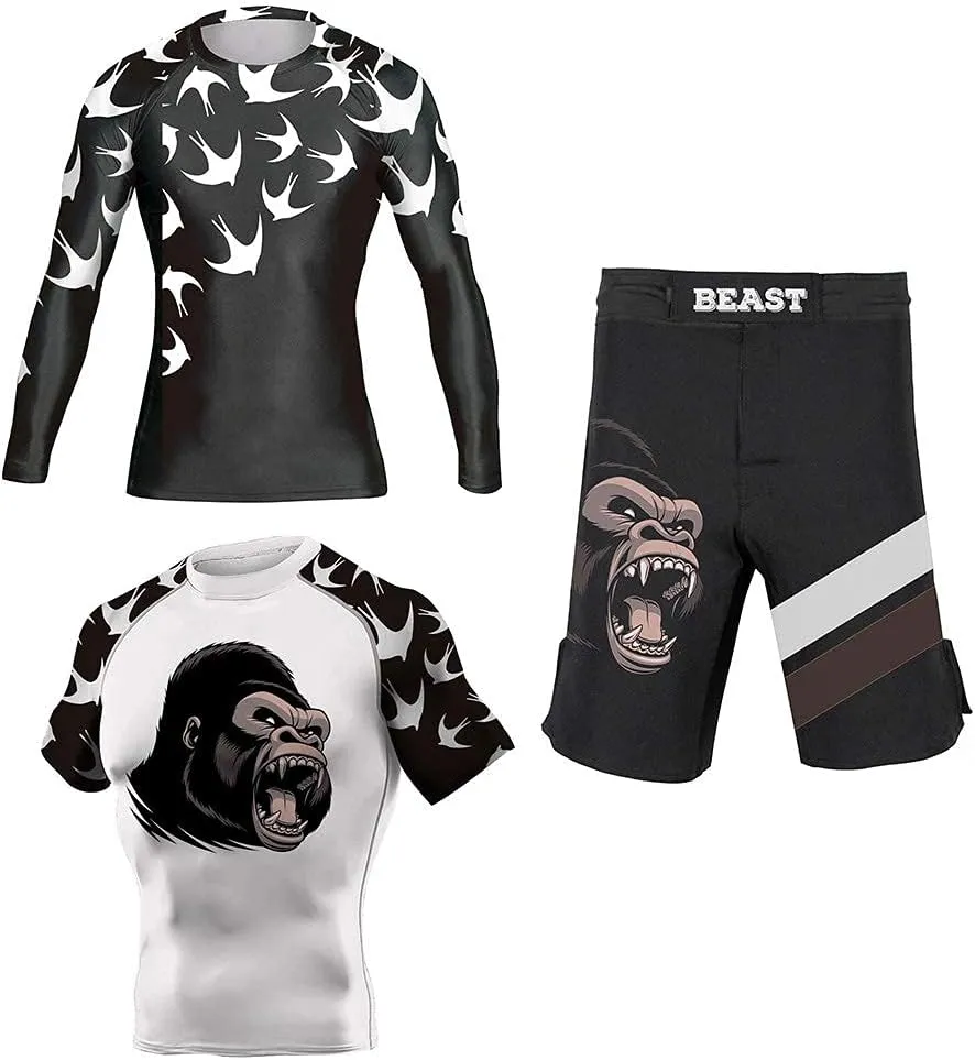 DEHAHA Men's Bat Gorilla Series Wrestling Training Rash Guard Shorts Spat No Gi Set
