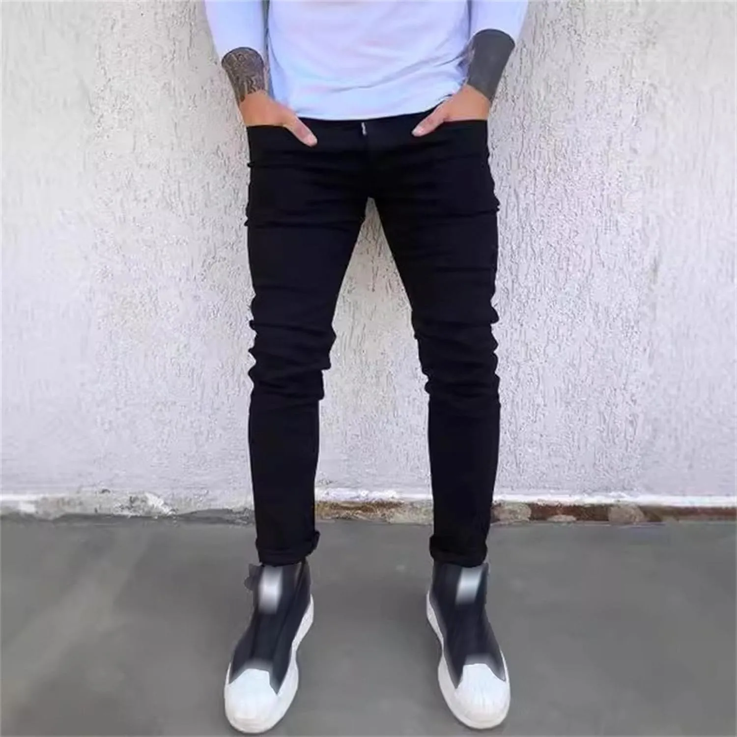 DGHM-JLMY Men's Slim Fit Washed Casual Jeans Stretch Tapered Leg Slim Fit Jeans Mid Waist Skinny Stretchy Denim Pants