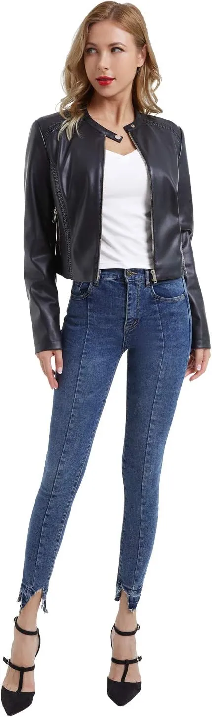 DIASHINY Faux Leather Jacket For Women, Zip Up Moto Biker Coat, Short PU Motorcycle Outwear