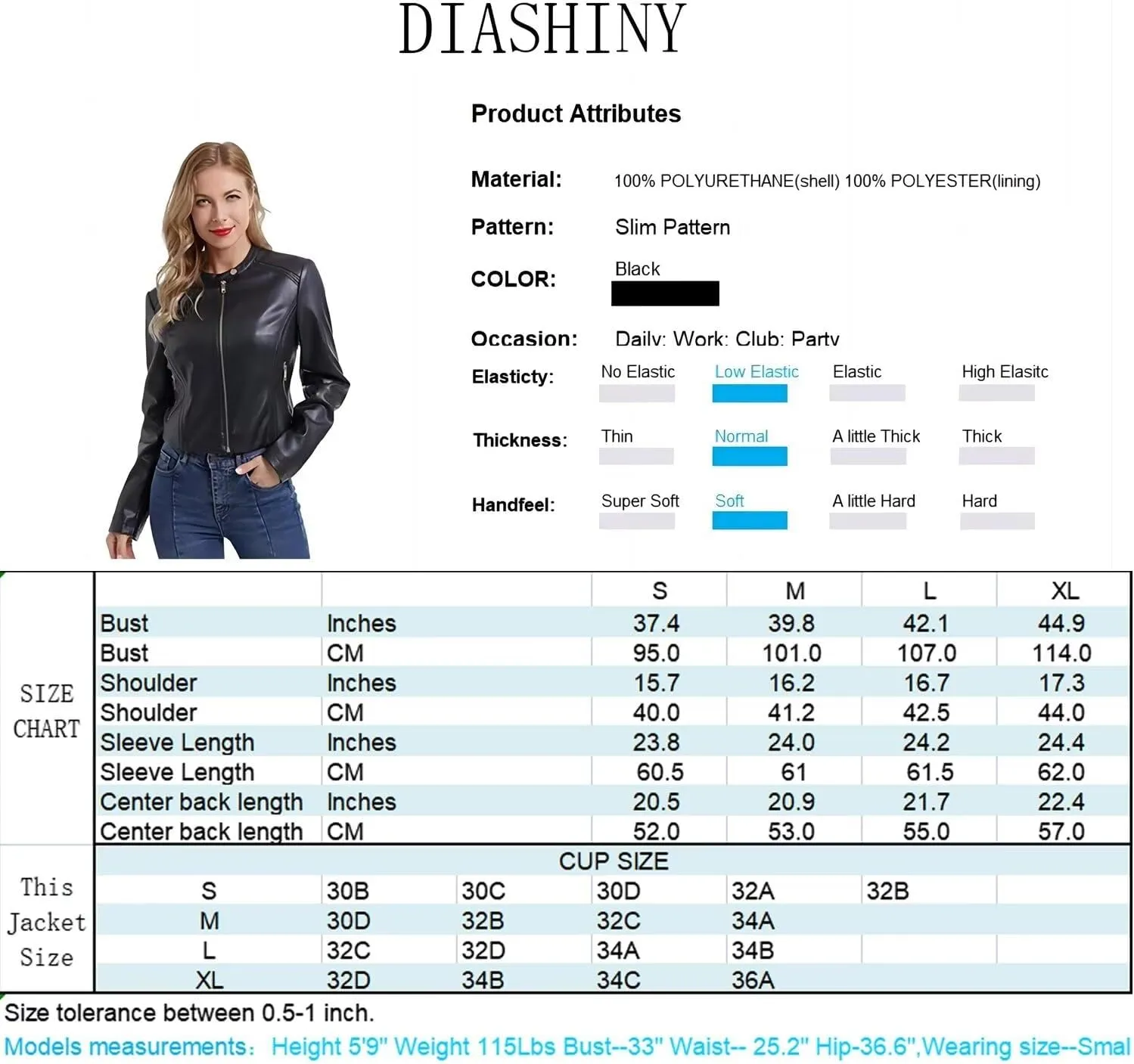 DIASHINY Faux Leather Jacket For Women, Zip Up Moto Biker Coat, Short PU Motorcycle Outwear