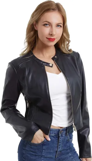 DIASHINY Faux Leather Jacket For Women, Zip Up Moto Biker Coat, Short PU Motorcycle Outwear