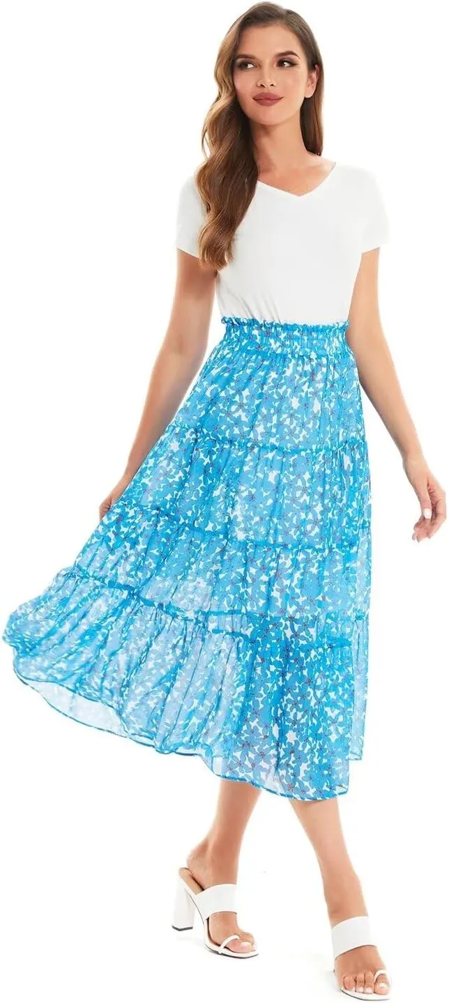 DIASHINY Women's Boho Printed High Waist Pleated Layered Elastic Waist A Line Long Skirt