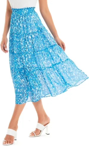 DIASHINY Women's Boho Printed High Waist Pleated Layered Elastic Waist A Line Long Skirt