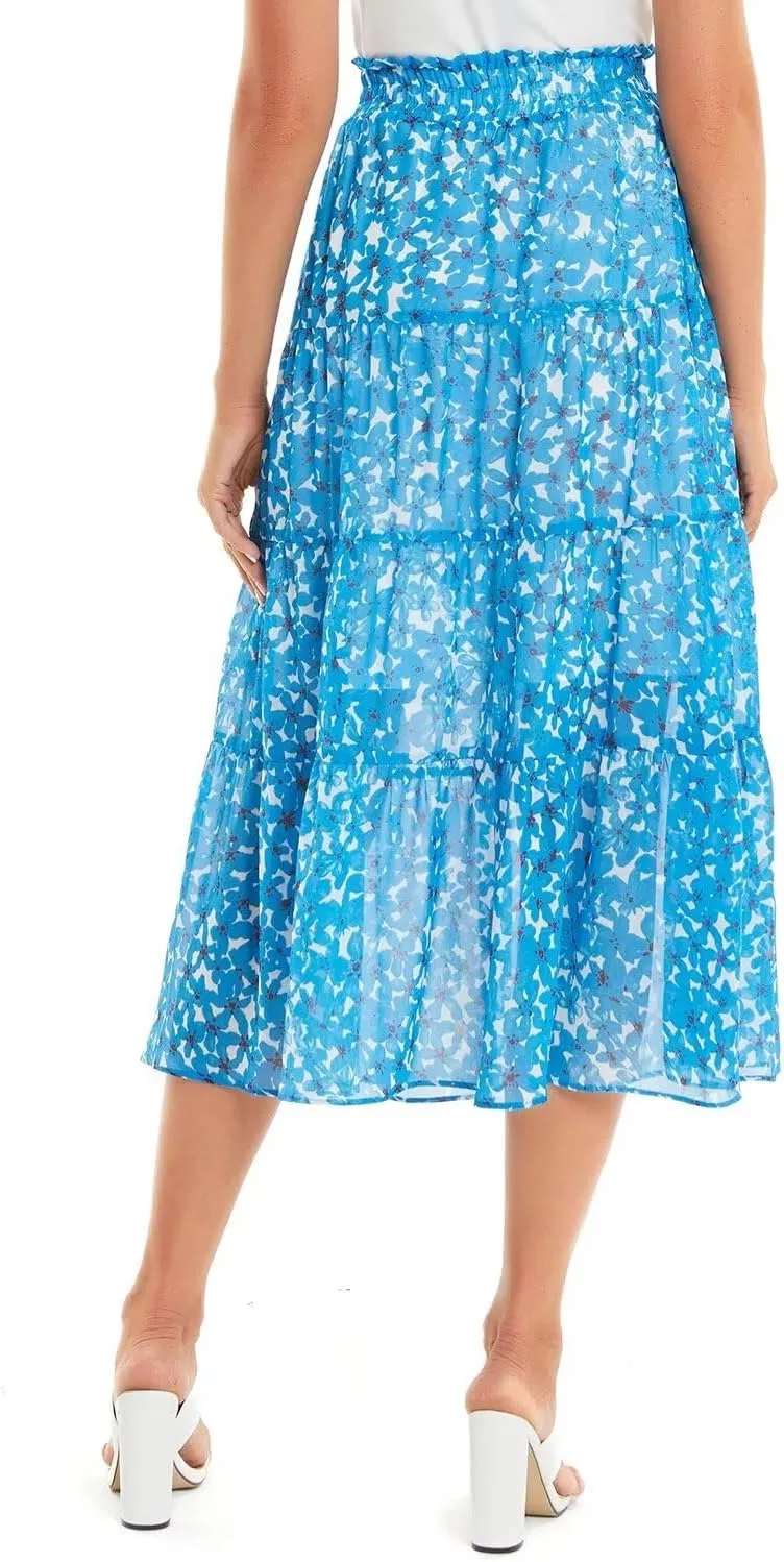 DIASHINY Women's Boho Printed High Waist Pleated Layered Elastic Waist A Line Long Skirt