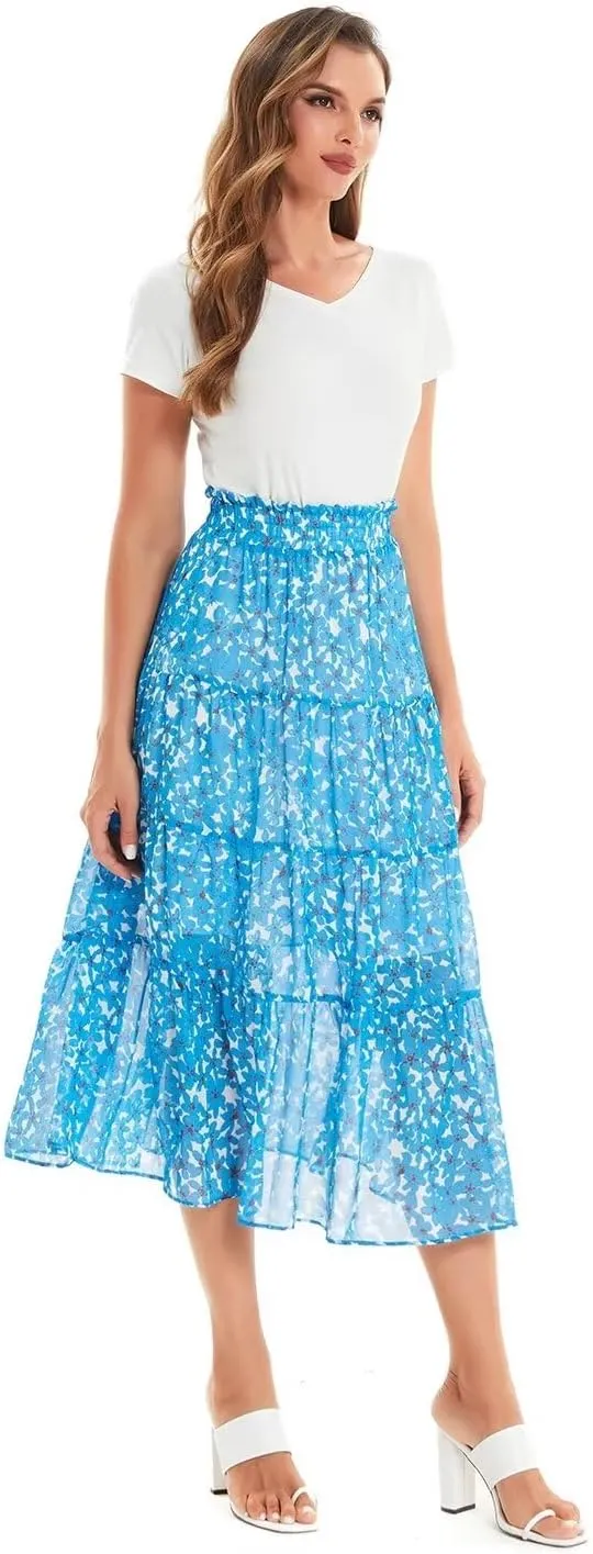 DIASHINY Women's Boho Printed High Waist Pleated Layered Elastic Waist A Line Long Skirt