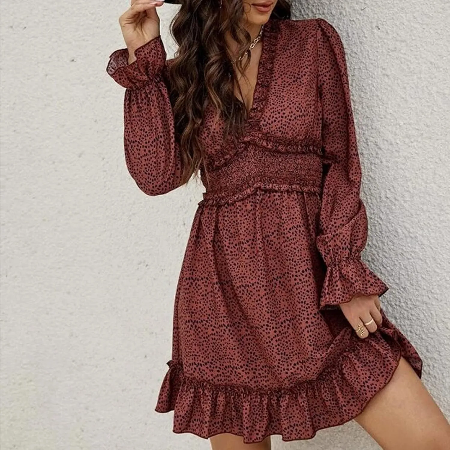 Dot Printed Dress for Women Long Sleeve V Neck Party Dresses Sexy Floral Print Mini Dress Slim Ruffle Cocktail Dress