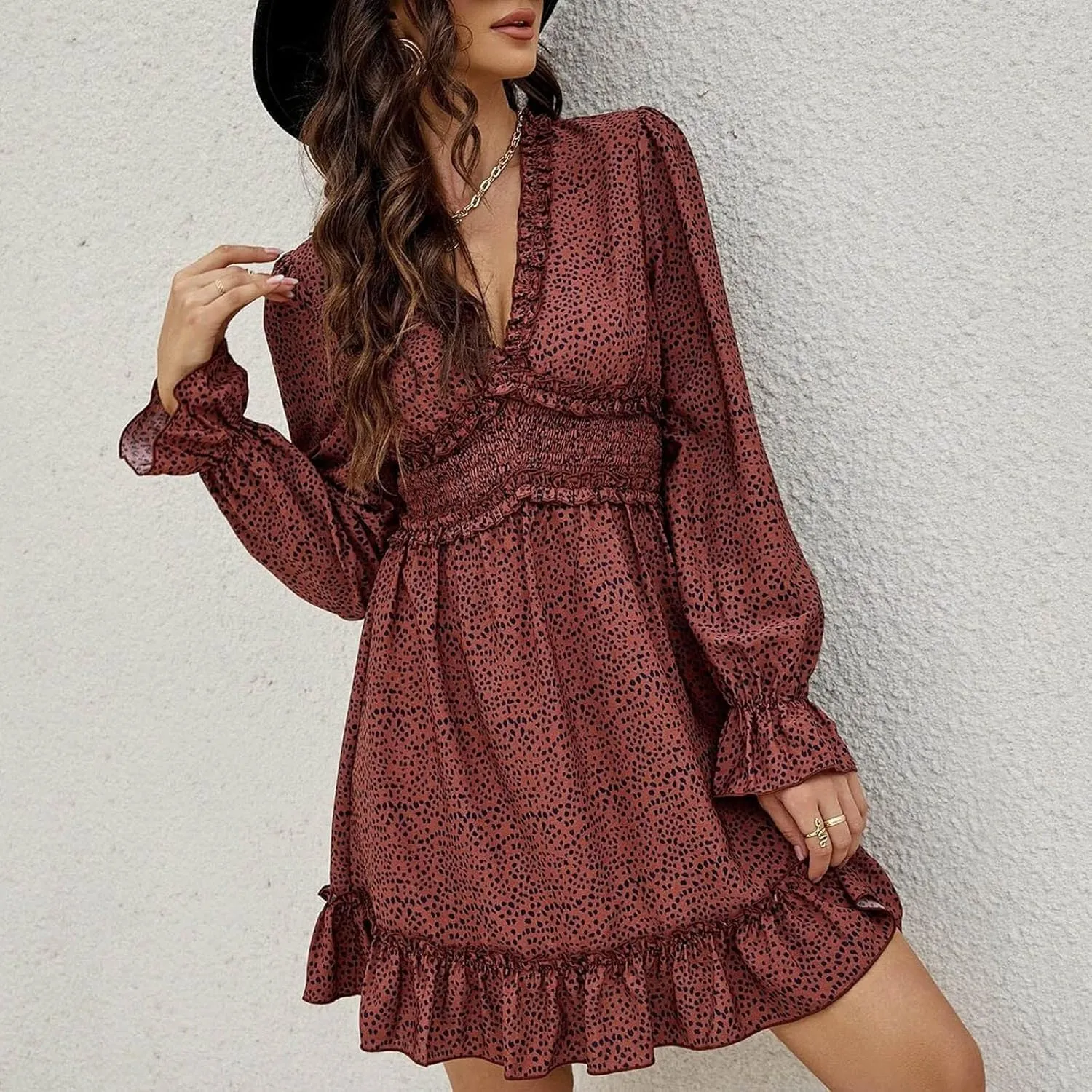 Dot Printed Dress for Women Long Sleeve V Neck Party Dresses Sexy Floral Print Mini Dress Slim Ruffle Cocktail Dress